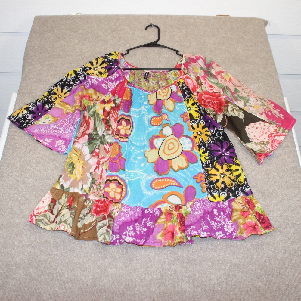 Sacred Threads Vintage Patchwork Floral Paisley Cotton Tunic Top Multi-Color L